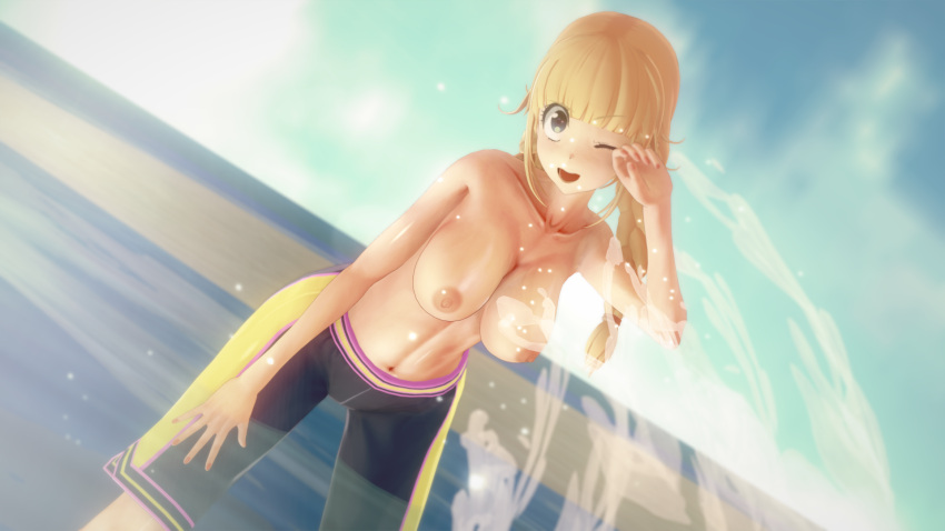 1girls 3d beach big_breasts blonde_hair blue_eyes braid braided_hair breasts female female_only human in_water looking_at_viewer male_swimwear_challenge nipples paripi_koumei solo swimwear topless topless_female tsukimi_eiko water_spray