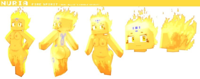 3d 3d_(artwork) ass back_view block_head blocky_anatomy blocky_body breasts concept_art cube cube_body cube_head cubic_anatomy cubic_body cubic_breasts female female_solo fire fire_spirit front_view glowing humanoid looking_at_viewer minecraft nipples nuria_(slipperyt) one_leg_raised polygonal pose posing side_view simple_background slipperyt solo solo_female square_(anatomy) square_anatomy square_body square_head white_background