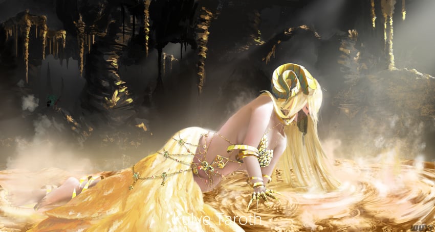 1girls anklet bare_back bare_shoulders barefoot barely_visible_genitalia beauty_mark blonde_hair bottomless bracelet bracelets breasts cape cape_only cave clawed_fingers cleavage closed_eyes curly_horns dragon_girl female female_focus female_only gijinka gold gold_(metal) gold_jewelry hair_on_floor hands_on_floor highres horns humanized jewelry kulve_taroth large_breasts large_horns long_hair monster_girl monster_hunter monster_hunter_world nipple_covers on_side painted_nails painted_toenails side_view sideboob steam veil wide_hips wu_yi_(artist)