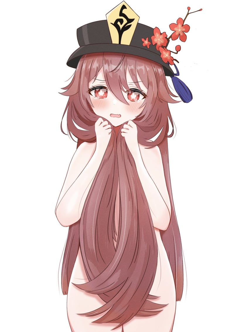 1girls 2022 absurd_res blush brown_hair embarrassed eyebrows_visible_through_hair fangs female female_only flower genshin_impact hair_between_eyes hair_censor hair_fetish hair_grab hair_over_breasts hair_over_crotch hand_in_hair hat hat_flower highres hu_tao_(genshin_impact) long_hair looking_at_viewer nude nude_cover open_mouth porkpie_hat red_eyes red_flower se_pex simple_background solo standing symbol-shaped_pupils tearing_up tears thighs tongue very_long_hair white_background