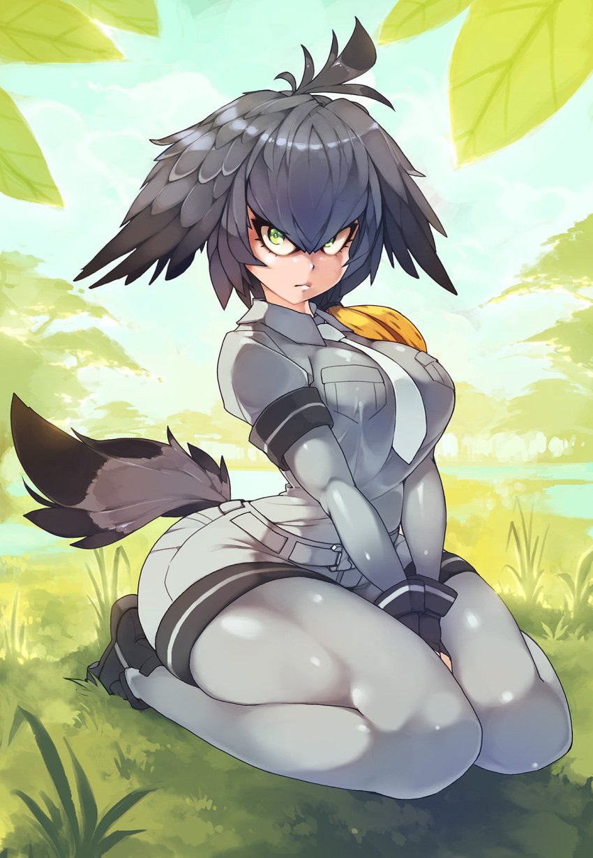 1girls ahoge arched_back bangs belt between_legs bird_tail black_gloves black_hair body_stocking bodystocking breast_squeeze breasts closed_mouth curvy feather_hair female fingerless_gloves full_body gloves green_eyes grey_shirt grey_shorts hair_between_eyes hands_between_legs huge_thighs kemono_friends long_hair looking_at_viewer multicolored_hair necktie orange_hair outdoors pantyhose rtil sanpaku seiza shiny shiny_clothes shiny_hair shirt shirt_tucked_in shoebill_(kemono_friends) short_over_long_sleeves short_sleeves shorts sidelocks sitting small_iris solo stockings tail taut_clothes taut_shirt thick_ass thick_thighs thighs utility_shirt v_arms white_necktie wing_collar