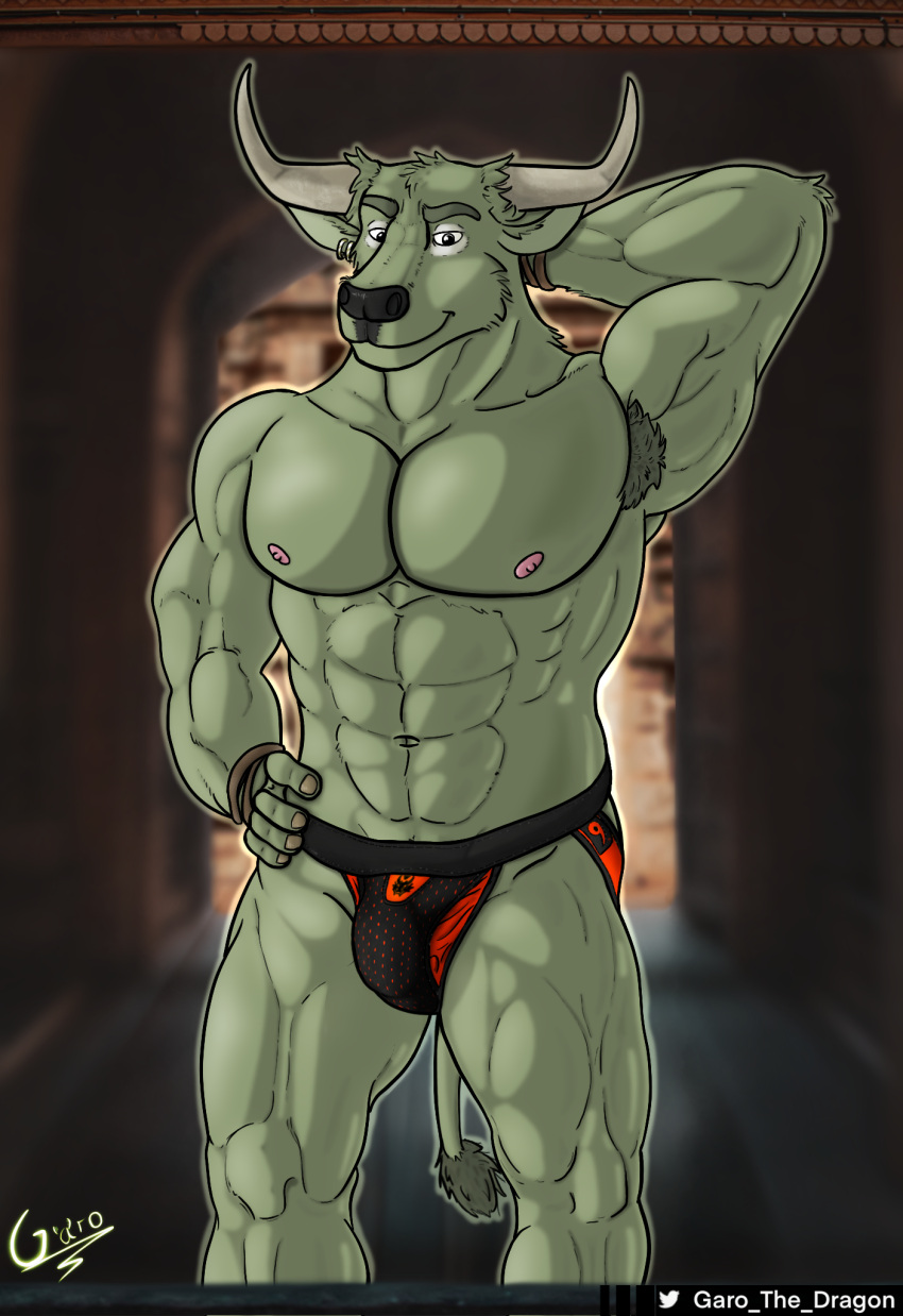 1boy abs anthro armpit_hair body_hair bovid bovine bulge clothing doctor_strange_(series) ear_piercing ear_ring flexing_bicep garo_(artist) green_body green_fur hand_on_hip hi_res horned_humanoid horns humanoid jockstrap looking_at_viewer male male_only mammal marvel minotaur muscular muscular_male nipples photo_background piercing pinup pose rintrah_(marvel) rogue_fang smile solo solo_male standing underwear