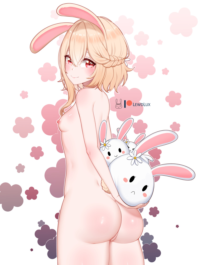 animal_ears arms_behind_back artist_logo ass blonde_hair blush braid breasts female flower french_braid from_behind hair_flower hair_ornament highres indie_virtual_youtuber lewdlux lewdlux_(vtuber) looking_at_viewer looking_back nipples nude rabbit_ears rabbit_girl rabbit_tail red_eyes small_breasts smile solo standing stuffed_animal stuffed_bunny stuffed_toy tail virtual_youtuber