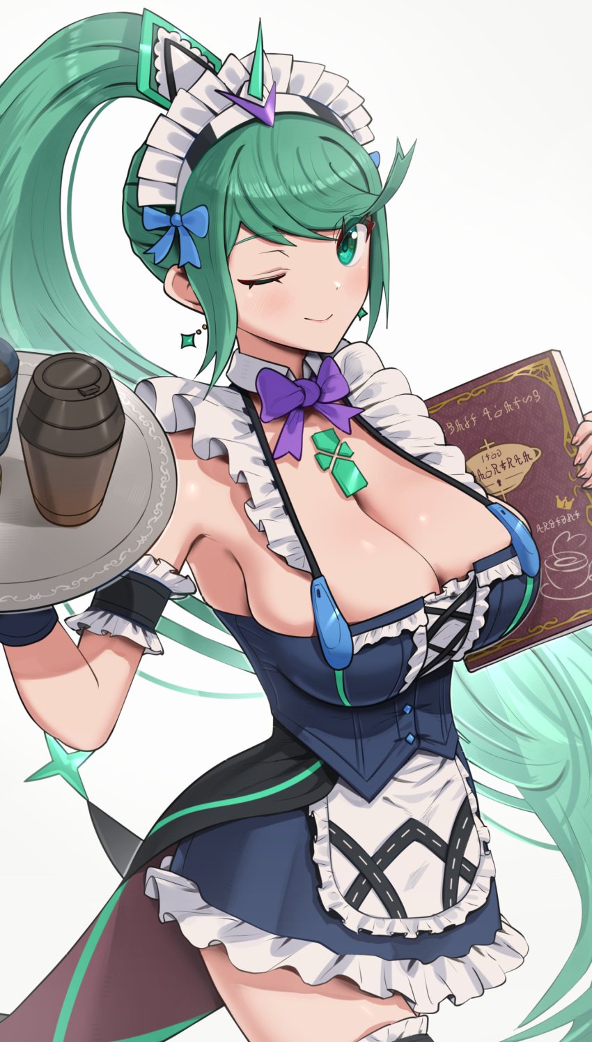 1girls 2022 alternate_breast_size armpits bangs blush breasts cleavage female female_only gonzarez green_eyes green_hair hair_ornament hi_res hips huge_breasts long_hair looking_at_viewer maid_headdress maid_outfit nintendo pneuma_(xenoblade) serving_tray slim_waist smile swept_bangs thick_thighs thighhighs thighs wide_hips wink xenoblade_(series) xenoblade_chronicles_2