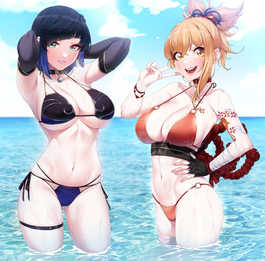 2022 2girls akchu alternate_version_available armpits arms_behind_head arms_up bikini black_hair blonde_hair blush breasts cleavage female female_only genshin_impact gold_eyes green_eyes hand_on_hip hi_res hips huge_breasts looking_at_viewer outdoors peace_sign ponytail red_bikini short_hair slim_waist smile tattoo thick_thighs thighs tied_hair v water wet wet_body wide_hips yelan_(genshin_impact) yoimiya_(genshin_impact)