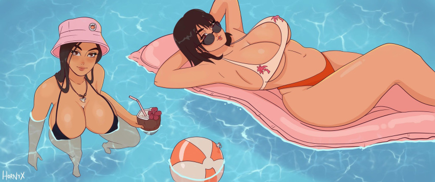 2girls artist_name bangs bikini blush breasts brown_eyes brown_hair cleavage female female_focus female_only hat highres hornyx jewelry large_breasts long_hair looking_at_viewer looking_over_eyewear looking_over_glasses looking_over_sunglasses lying navel necklace pool short_hair sunglasses swimsuit tagme thighs tinted_eyewear
