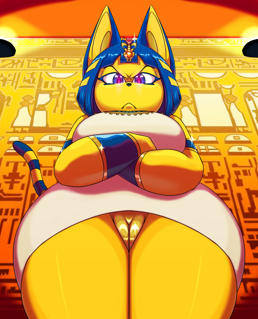 2022 animal_crossing ankha ankha_(animal_crossing) ankha_ride_(minus8) anthro clothed clothing crossed_arms digital_media_(artwork) domestic_cat eyebrows felid feline felis female front_view genitals hair hi_res looking_at_viewer low-angle_view mammal nintendo pakaproductions pussy solo video_games