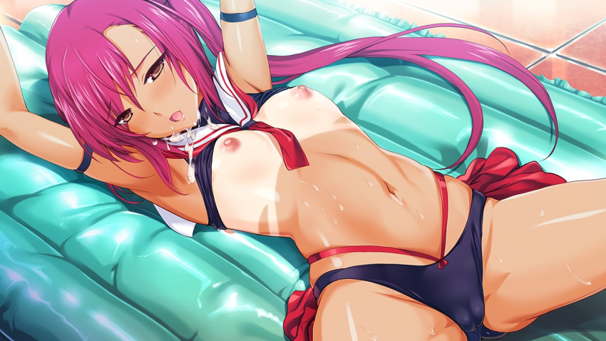 arm_strap arms_up bikini bikini_tan blush brown_eyes choukou_(alicesoft) choukou_shinki_ixseal cum cum_on_body cum_on_face cum_on_upper_body female flat_chest game_cg houshou_kirika long_hair lying navel nipples official_art on_back onigirikun open_mouth red_hair solo sweat swimsuit tan tanline