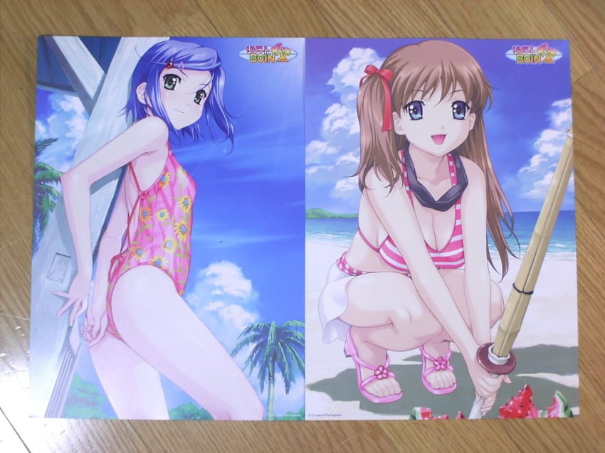 2girls amamiya_momona beach bikini bikini_top blue_eyes blue_hair boin brown_hair cleavage female female_focus female_only green_eyes happoubi_jin highres koromogae_maya multiple_girls one-piece_swimsuit photo_(medium) picture_of_picture resized resort_boin short_hair swimsuit