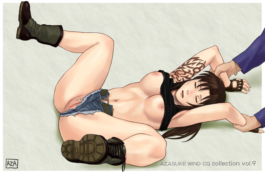 armpits azasuke belt black_lagoon boots breasts brown_hair censored closed_eyes daisy_dukes denim denim_shorts female fingerless_gloves from_above gloves highres long_hair lying midriff navel nipples no_bra no_panties on_back pubic_hair pussy restrained revy shirt_lift short_shorts shorts shorts_aside spread_legs tank_top tattoo underboob