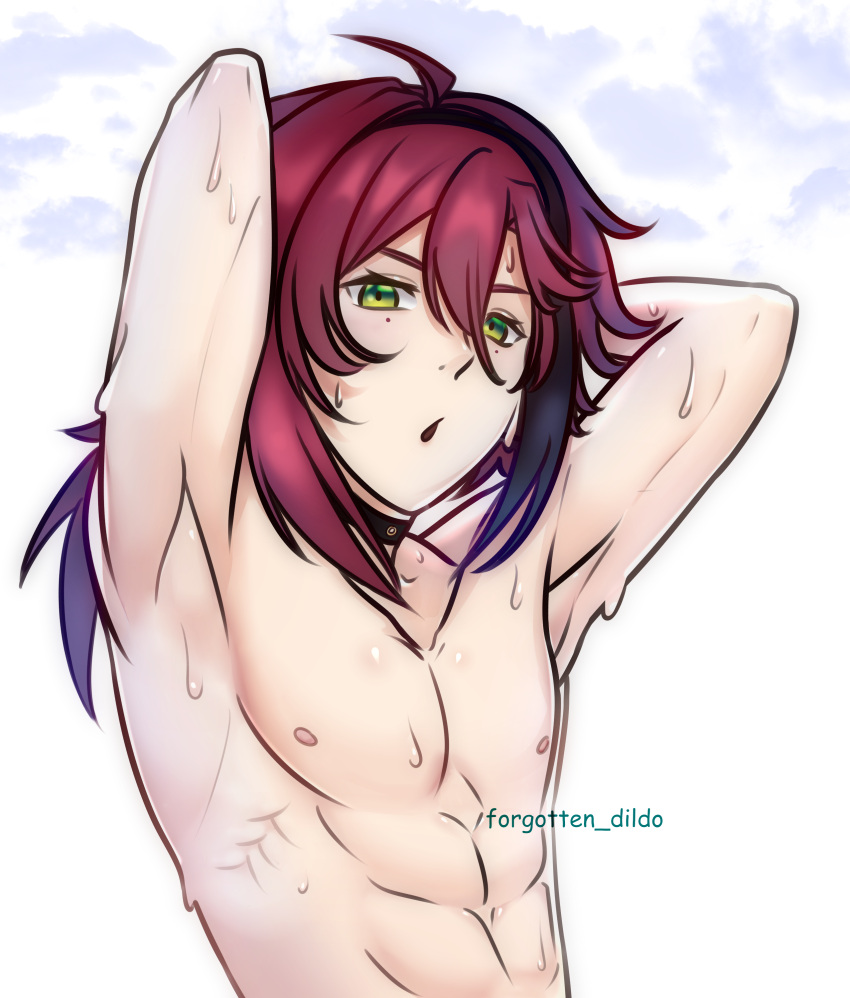 1boy 2022 abs ahoge armpits arms_behind_head arms_up black_highlights choker cloud clouds forgotten_dildo front_view genshin_impact green_eyes high_resolution looking_at_viewer low_ponytail male_only mole mole_under_eye moles pecs ponytail red_hair sexy_armpits shikanoin_heizou solo standing sweat sweaty topless topless_male twink white_background