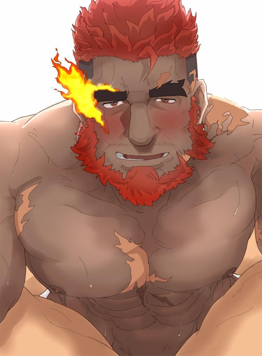 2boys abs absurdres bara beard blush bottom_pov completely_nude dark-skinned_male dark_skin facial_hair flaming_eye gay hephaestus_(tokyo_afterschool_summoners) highres implied_anal implied_sex interracial large_pectorals male male_focus male_only mature_male multiple_boys muscular muscular_male nipples nude pectorals pov pov_crotch red_eyes scar scar_on_chest short_hair shumeru_hito_(a_sumerian0112) spread_legs stomach submissive_pov sweat taker_pov thick_eyebrows tokyo_afterschool_summoners yaoi