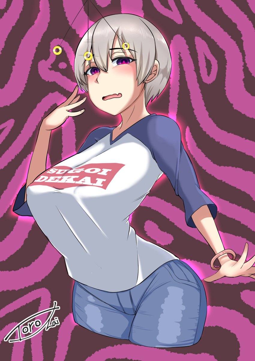 1girls denim denim_shorts female female_only glowing_eyes grey_hair huge_breasts hypnosis laugh looking_at_viewer mind_control open_mouth pendulum purple_eyes short_hair shortstack solo sugoi_dekai toro_zai uzaki-chan_wa_asobitai! uzaki_hana wide_hips