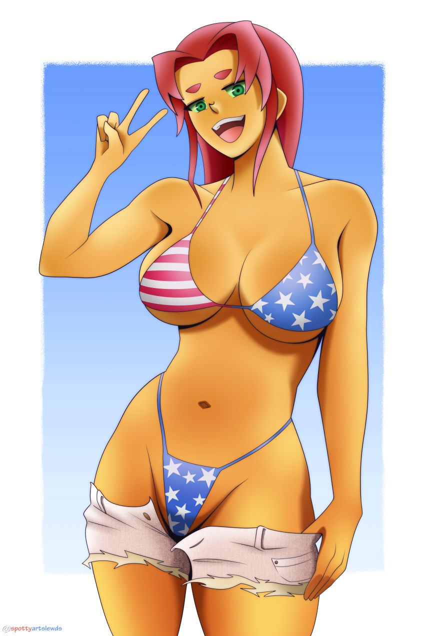 america american_flag_bikini bikini bikini_bottom bikini_top dc dc_comics denim female green_eyes hi_res looking_at_viewer open_mouth orange_skin peace_sign pinup pulling_down_pants red_hair short_shorts smile spottyartslewd starfire teen_titans thong v