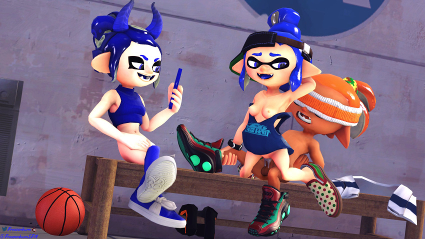 1boy 2girls 2girls1boy 3d basketball bench bench_sex blindfolded blue_eyes blue_hair breasts clothing convex_(freezerburn) cum_in_pussy dev_(freezerburn) femdom freezerburnsfm headband headgear holding_leg inkling inkling_boy inkling_girl nipples octoling octoling_girl orange_hair phone seductive_look sfm shoes smirking source_filmmaker splatoon splatoon_2 sport submissive_male tan_body tan_skin tank_top tongue_out towel vaginal_penetration