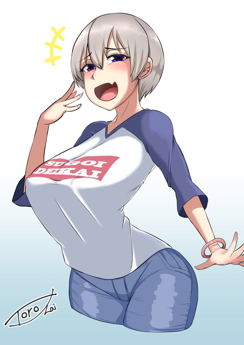 blue_eyes denim denim_shorts grey_hair huge_breasts laugh looking_at_viewer open_mouth short_hair shortstack smile smug sugoi_dekai toro_zai uzaki-chan_wa_asobitai! uzaki_hana wide_hips