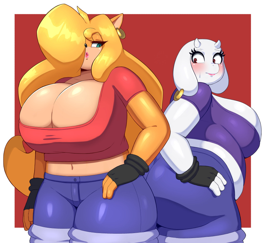 2girls absurd_res activision anthro ass big_breasts big_butt blush bovid braffy breasts caprine cleavage clothed clothing crash_(series) crossover duo ear_piercing ear_ring female female/female female_only fur furry furry_only gloves goat handwear hi_res huge_breasts huge_butt invalid_tag looking_back mammal milf navel overweight overweight_female pac-man_eyes piercing tawna_bandicoot toriel undertale undertale_(series) video_games