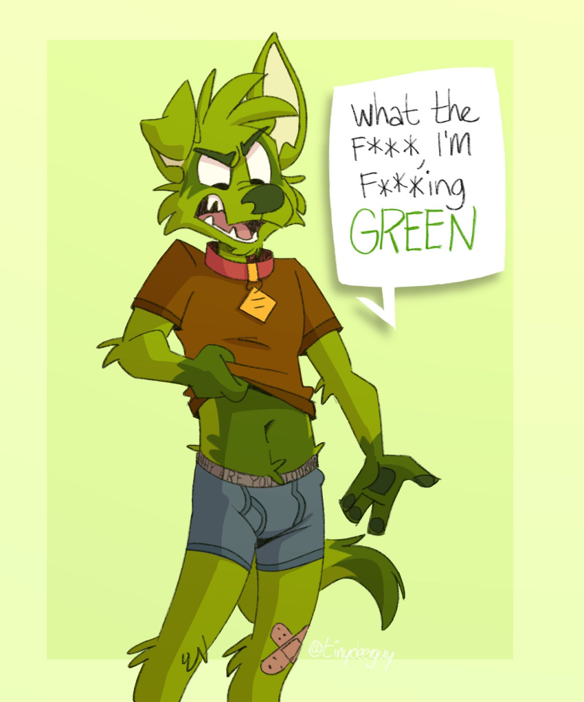 1boy angry boxer_briefs boxers boxers_(clothing) bulge english_text furry green_body green_fur male male_only matt_riskely original original_character shirt shirt_lift solo text tinydeerguy