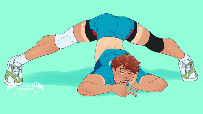 1boy arched_back brown_hair clothed clothing face_down_ass_up jack-o'_pose looking_at_viewer male male_only open_mouth overexciteddragon sportswear spread_legs tan_body tan_lines tan_skin tanline tanlines workout_clothes