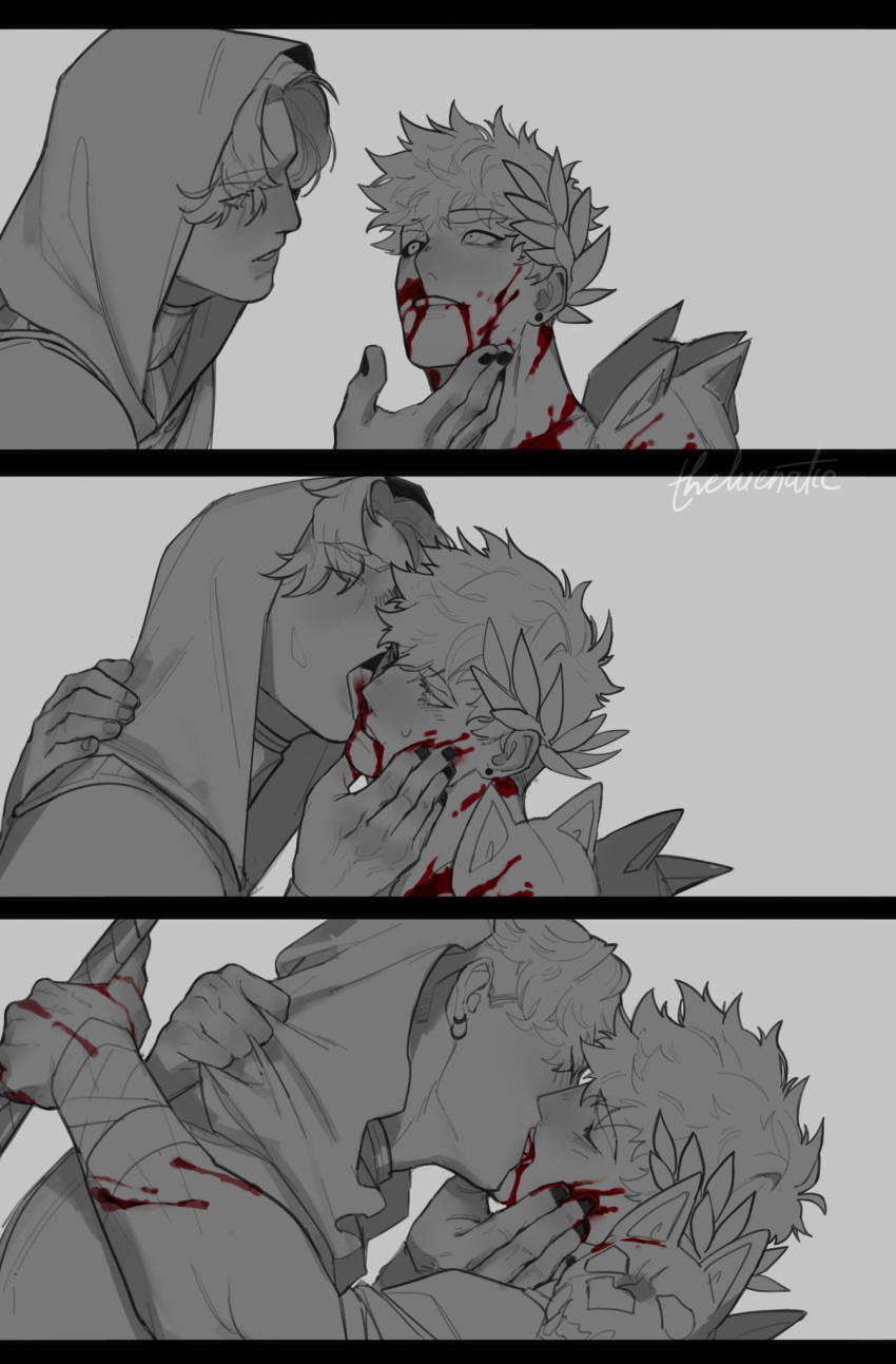 2boys bishonen blood canon_couple gay hades_(game) holding_face jewelry kissing laurel_crown licking_blood licking_face limited_palette male_only thanatos_(hades) theluenatic yaoi zagreus