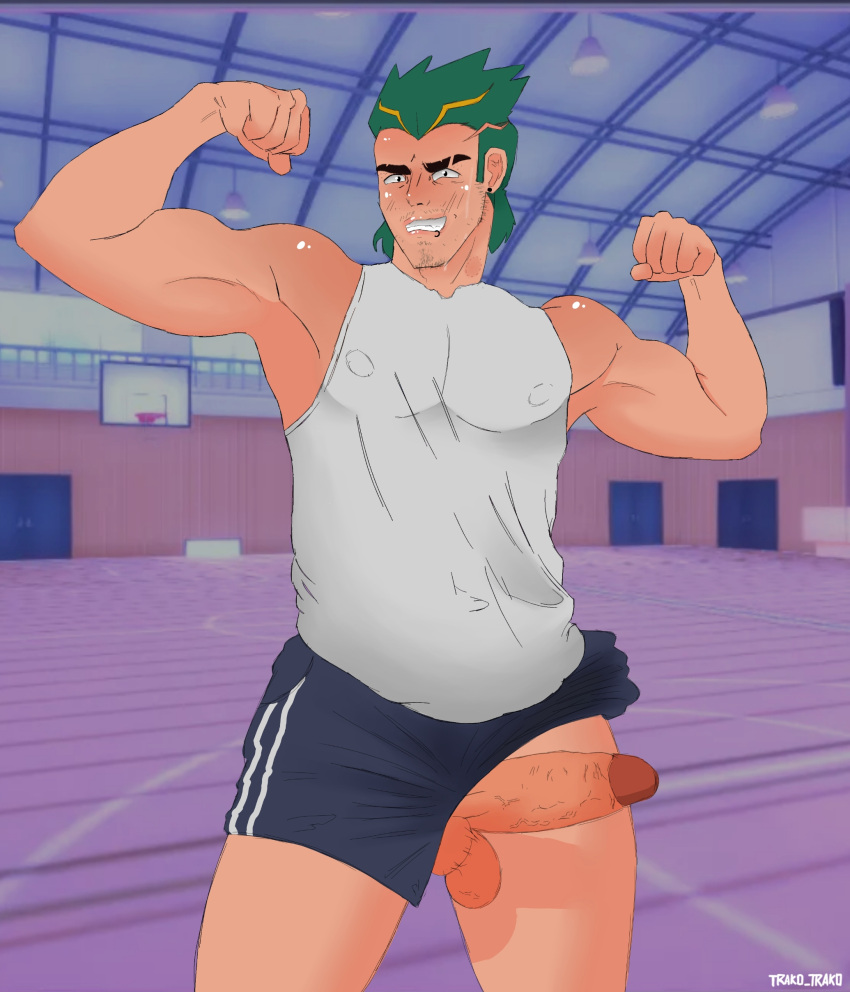 bara big_penis blush ear_piercing erection erection_under_clothes exposed_penis facial_hair gay green_hair lip_piercing muscles muscular_male penis piercing sports_uniform trakotrako unagi_denkashiza yandere_simulator yaoi