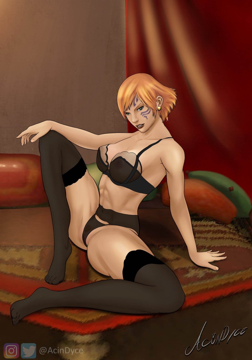 acindyce_(artist) bed bedroom black_lingerie black_stockings final_fantasy final_fantasy_xiv fordola_rem_lupis green_eyes grin highlander hyur legs_spread muscular_female orange_hair square_enix tattoo