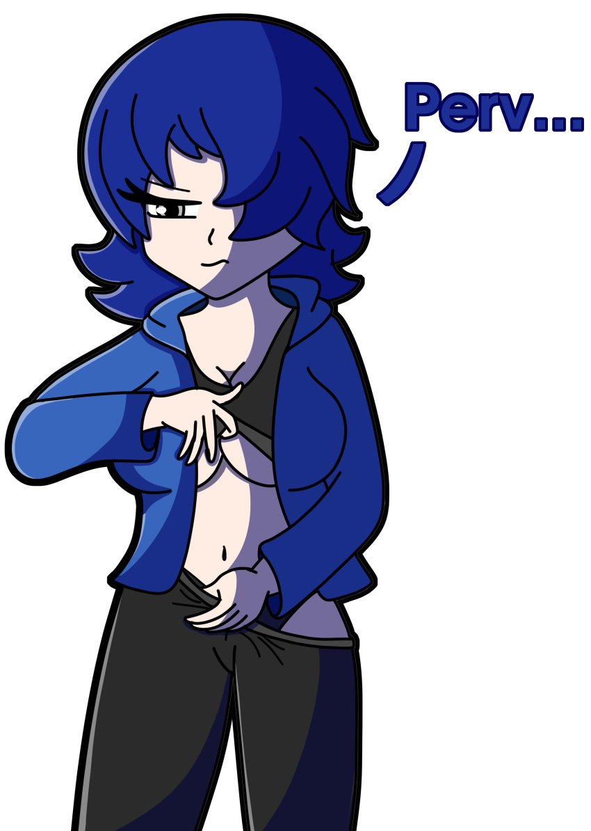 angry_expression black_legwear blue_clothing blue_hair blue_hoodie blue_jacket clothing female female_only grapeice gray_eyes gym_clothes gym_clothing hair_covering_eye hoodie jacket original_character self_upload serious serious_look sports_bra sportswear