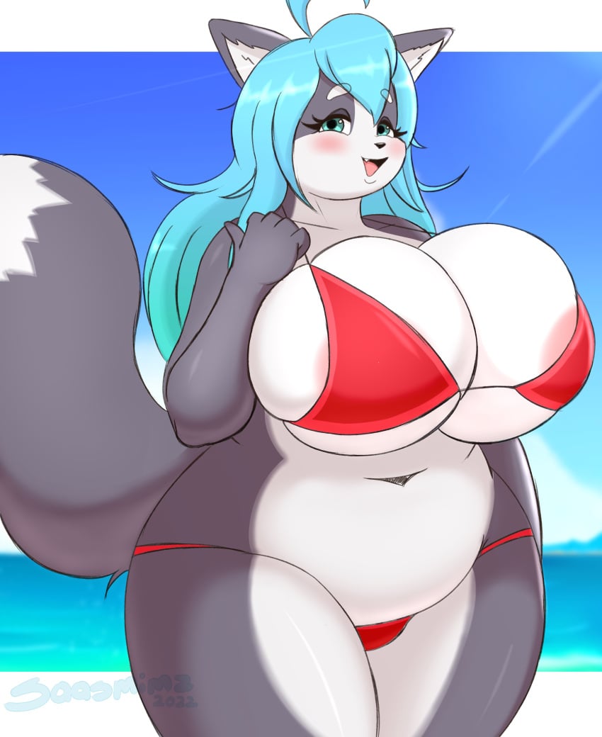 absurd_res anthro beach big_breasts bikini bikini_bottom bikini_top blush breasts canid canine canis chubby_female clothing domestic_dog hanul happy hi_res male mammal open_mouth outside overweight saasmimz seaside smile solo swimwear tagme thick_thighs