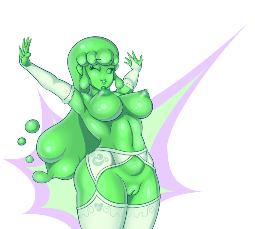 big_breasts breasts champ_(vinesauce) garter_belt garter_straps green_body lingerie nipples one_eye_closed pussy sleepiitreat slime slime_girl solo thick_thighs thighhighs vinesauce vinesauce_reference white_lingerie wink