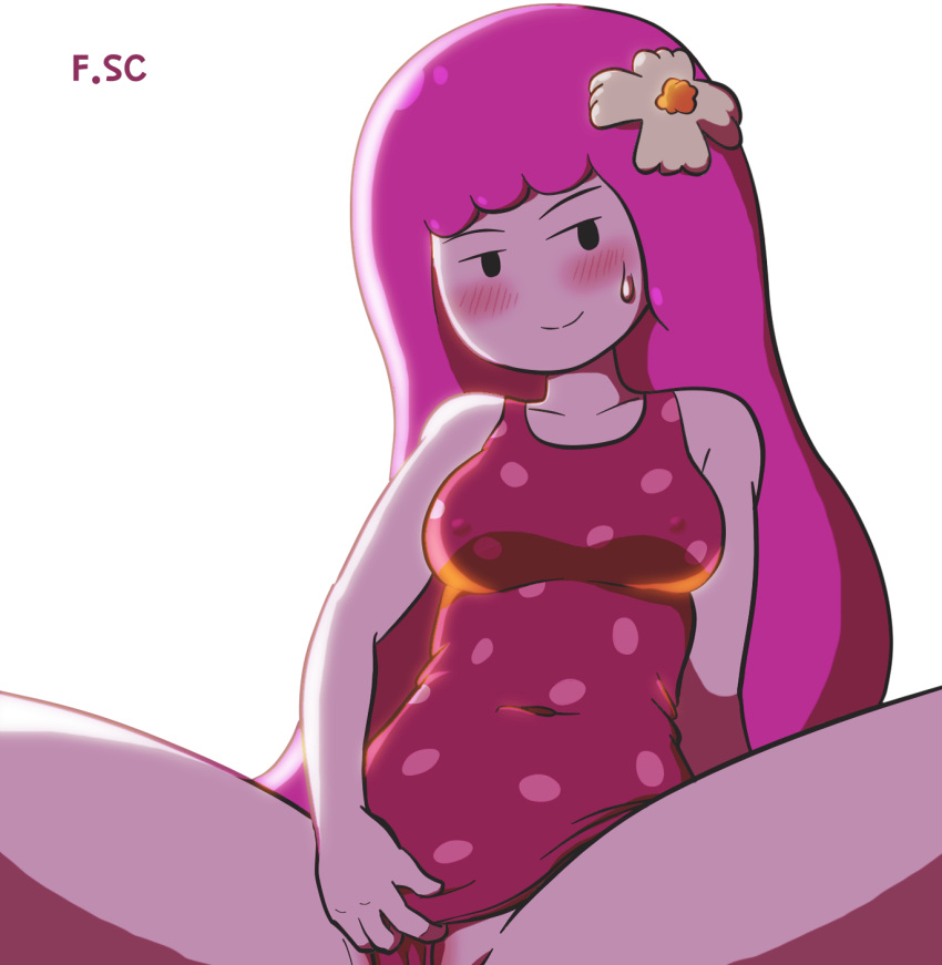 adventure_time blush female fizzyspidercider naughty_face pink_hair pink_skin princess_bubblegum showing_pussy sweatdrop swimsuit