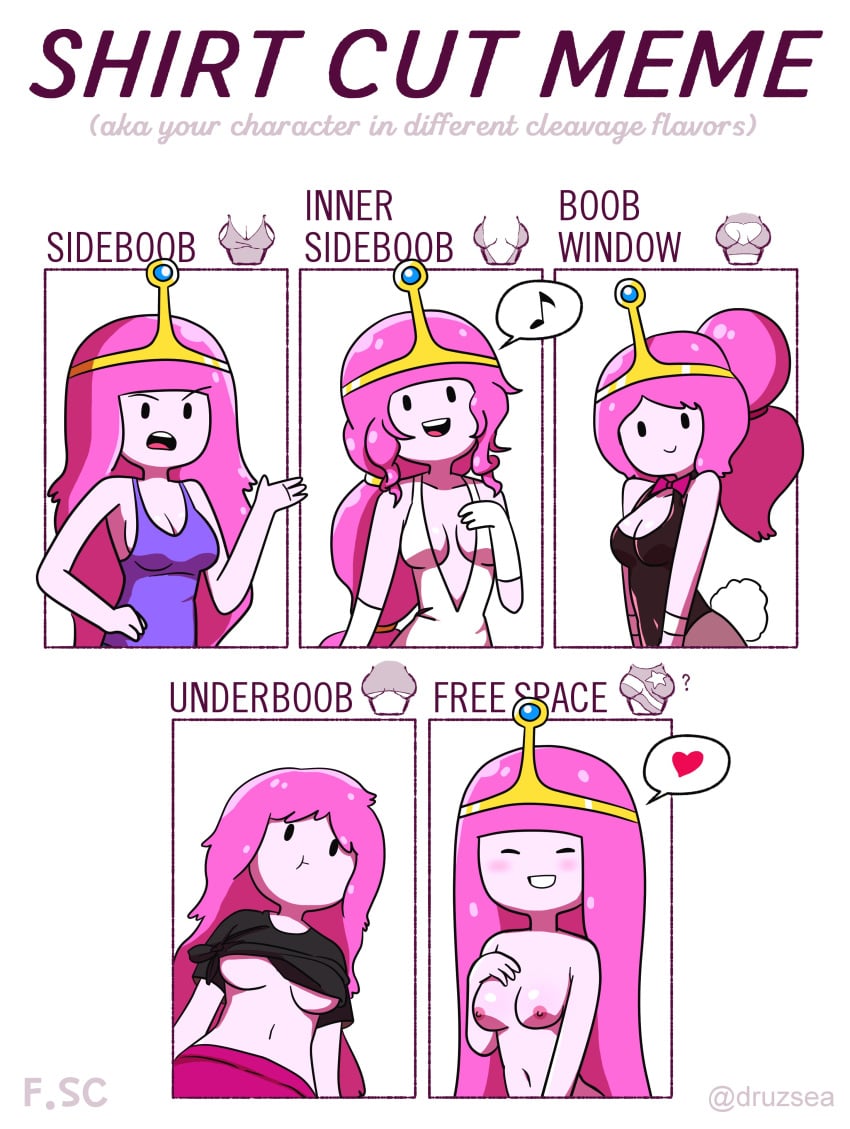 :d :t adventure_time blush boob_window breasts bunnysuit cosplay cute fizzyspidercider hand_on_breast heart inner_sideboob meme midriff nide nipple nude opera_gloves pink_hair princess_bubblegum shirt shirt_cut_meme sideboob tank_top tiara underboob