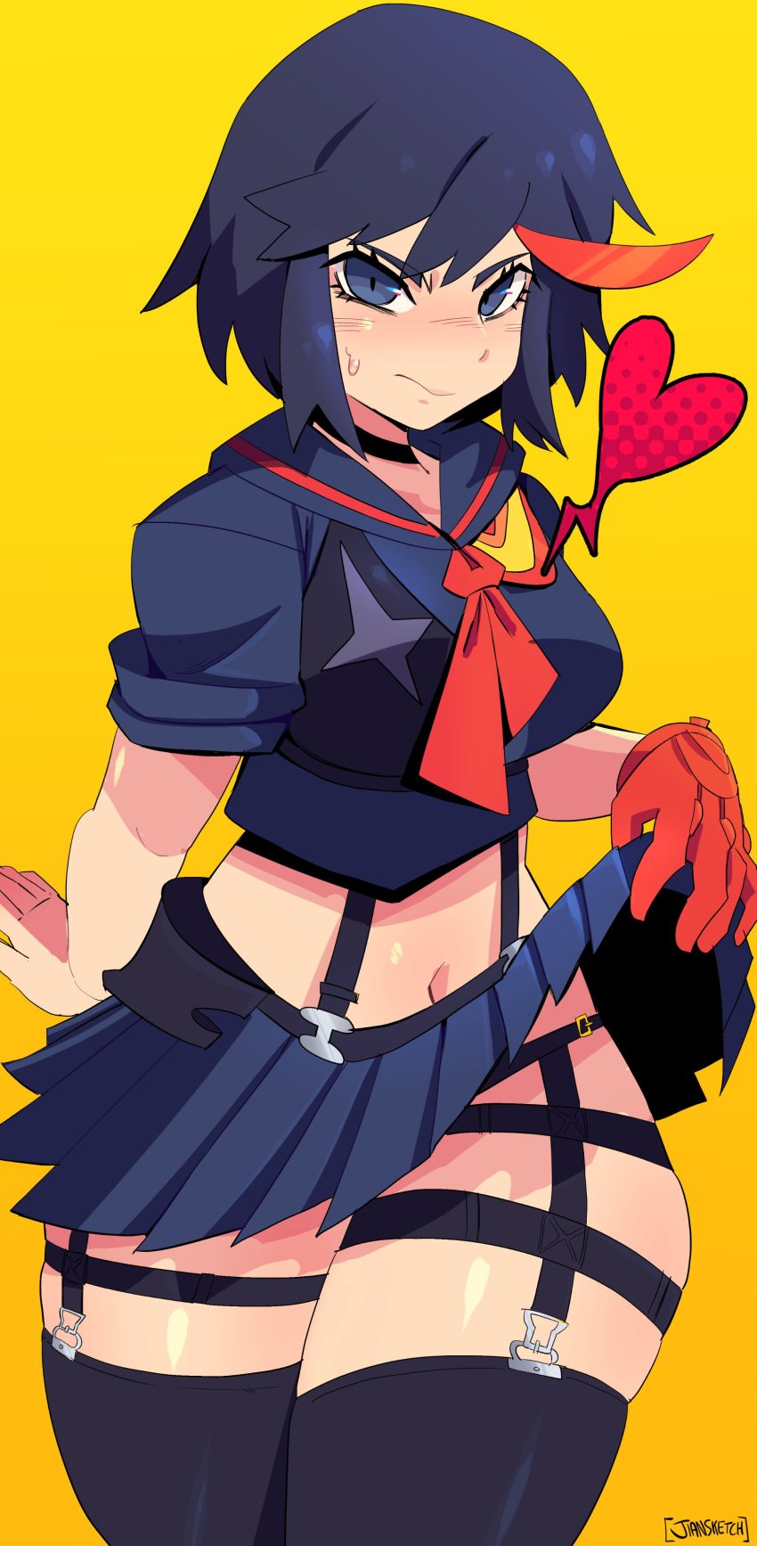 1girls blush embarrassed female female_only harness jiansketch kill_la_kill lingerie matoi_ryuuko pogchamp straps sweatdrop thick_thighs thunder_thighs tomboy wide_hips