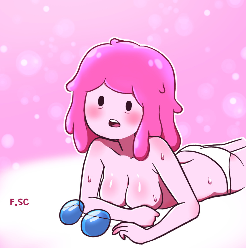 adventure_time female fizzyspidercider glasses no_bra panties pink_hair pink_skin princess_bubblegum sweat