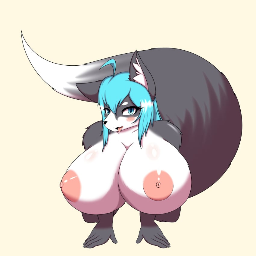 all_fours anthro areola bent_over big_breasts blush breasts canid canine canis doggy_style domestic_dog female fluffy fluffy_ears fluffy_tail from_behind_position hanul hi_res huge_breasts kneeling looking_at_viewer lranshin mammal nipples sex tongue