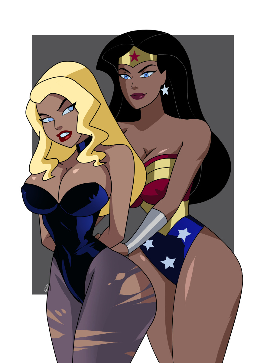 2d 2girls accurate_art_style big_breasts black_canary black_hair blonde_female blonde_hair blue_eyes breasts cartoon_network cleavage dc_comics dcau diana_prince dinah_lance female female_only ghostlessm green_arrow_(series) justice_league_unlimited light-skinned_female multiple_girls ripped_clothing ripped_pantyhose star_earrings toonami wide_hips wonder_woman wonder_woman_(series)