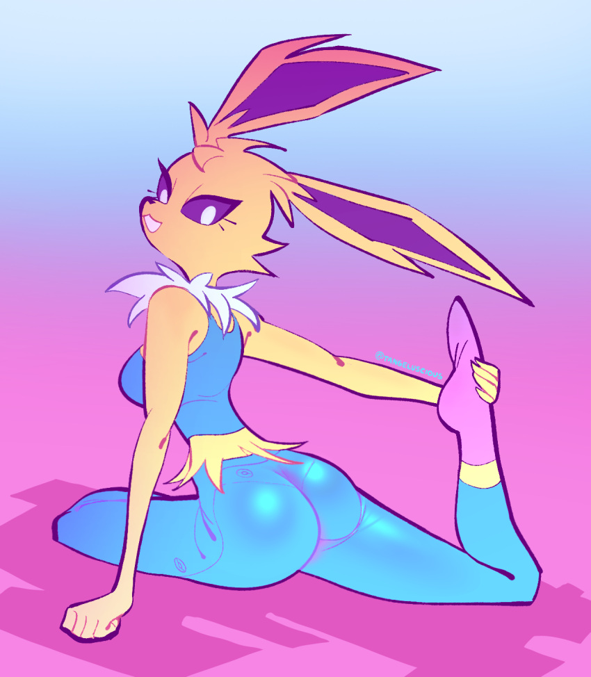 anthro ass color colored eeveelution gym gym_clothes gym_clothing gymnastics jolteon pokémon_(species) pokemon pokemon_only shaded shiny_ass sport sports_uniform sportswear sporty stretching tangeluscious