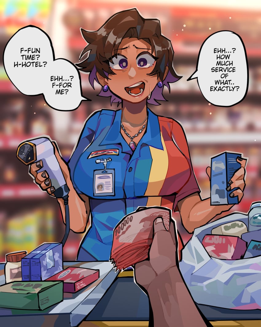 1girls big_breasts brown_hair dark_skin diforland female gene_(diforland) invitation milf offering_money pov_eye_contact short_hair speech_bubble store_clerk text working_hours