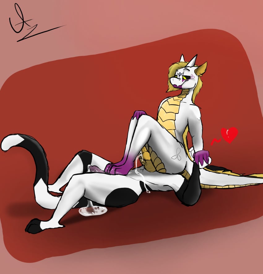 2boys absurd_res anthro artist_name bodily_fluids cum cum_drip domestic_cat dragon dripping duo erusiek facesitting felid feline felis footjob genital_fluids hand_holding hi_res hybrid lying male male/male mammal masturbation on_back original original_character paw_job precum sitting sitting_on_chest sitting_on_person