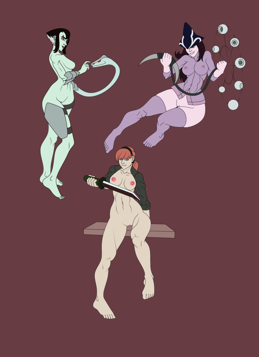 3girls april_o'neil april_o'neil_(tmnt_2012) armor black_hair blue_eyes breasts feet fit_female fitness half_nude instagram_username jacket karai karai_(tmnt_2012) multiple_girls muscular_female naked ninja nude_female purple_clothing red_hair shinigami shinigami_(tmnt_2012) snake_girl tagme taqo teenage_mutant_ninja_turtles teenage_mutant_ninja_turtles_(2012) tmnt_2012 transparent_clothing twitter_username watermark witch witch_girl