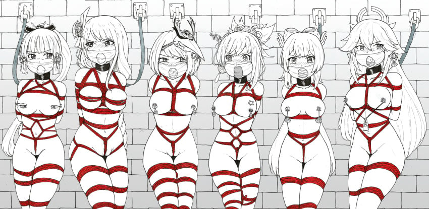 6+girls absurdres arm_behind_back black_and_white black_choker blush bondage bound bound_arms bound_legs breast_bondage breasts choker clothes_gag crotch_rope dungeon ecchinoidea female femsub gag gagged genshin_impact headwear_request highres improvised_gag kamisato_ayaka kidnapped kujou_sara leash looking_at_another looking_at_viewer moontraveller multiple_girls multiple_subs nipple_bondage nipple_chain nipple_clamps nipple_tweak nipples no_bra no_panties nude panties panty_gag raiden_shogun red_rope restrained rope sangonomiya_kokomi tied_to_wall underwear yae_miko yoimiya_(genshin_impact)