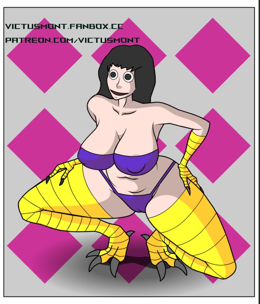 big_breasts bikini bird_feet bird_girl black_eyes black_hair momo_(creepypasta) open_mouth pale-skinned_female solo_female squatting talons thick_thighs victusmont wide_hips