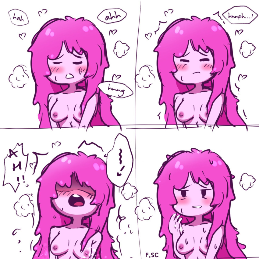 1girls 2022 adventure_time black_eyes blush breasts cartoon_network comic female female_only fizzyspidercider implied_masturbation masturbation nipples o_face open_mouth orgasm pink_body pink_hair princess_bubblegum pussy_juice satisfied text wet_fingers