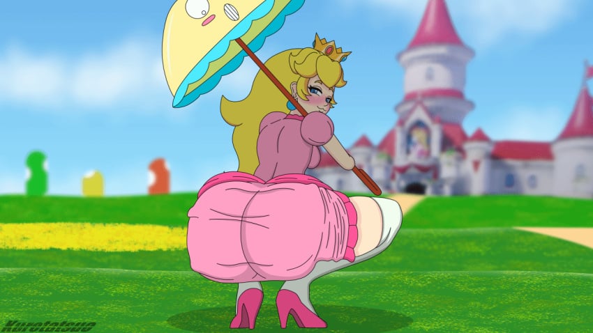 1boy 1girls 2022 :3 animated ass ass_in_dress big_ass big_breasts blonde_hair blue_earrings blue_eyes blush blushing bouncing_ass castle crown earrings female female_only gloves gold_crown golden_crown heels kurotatsuo looking_at_viewer looking_back mario_(series) nintendo parasol perry_(nintendo) pink_heels presenting_hindquarters princess_peach rear_view sideboob squat squatting stockings super_princess_peach tagme twerking white_gloves white_stockings