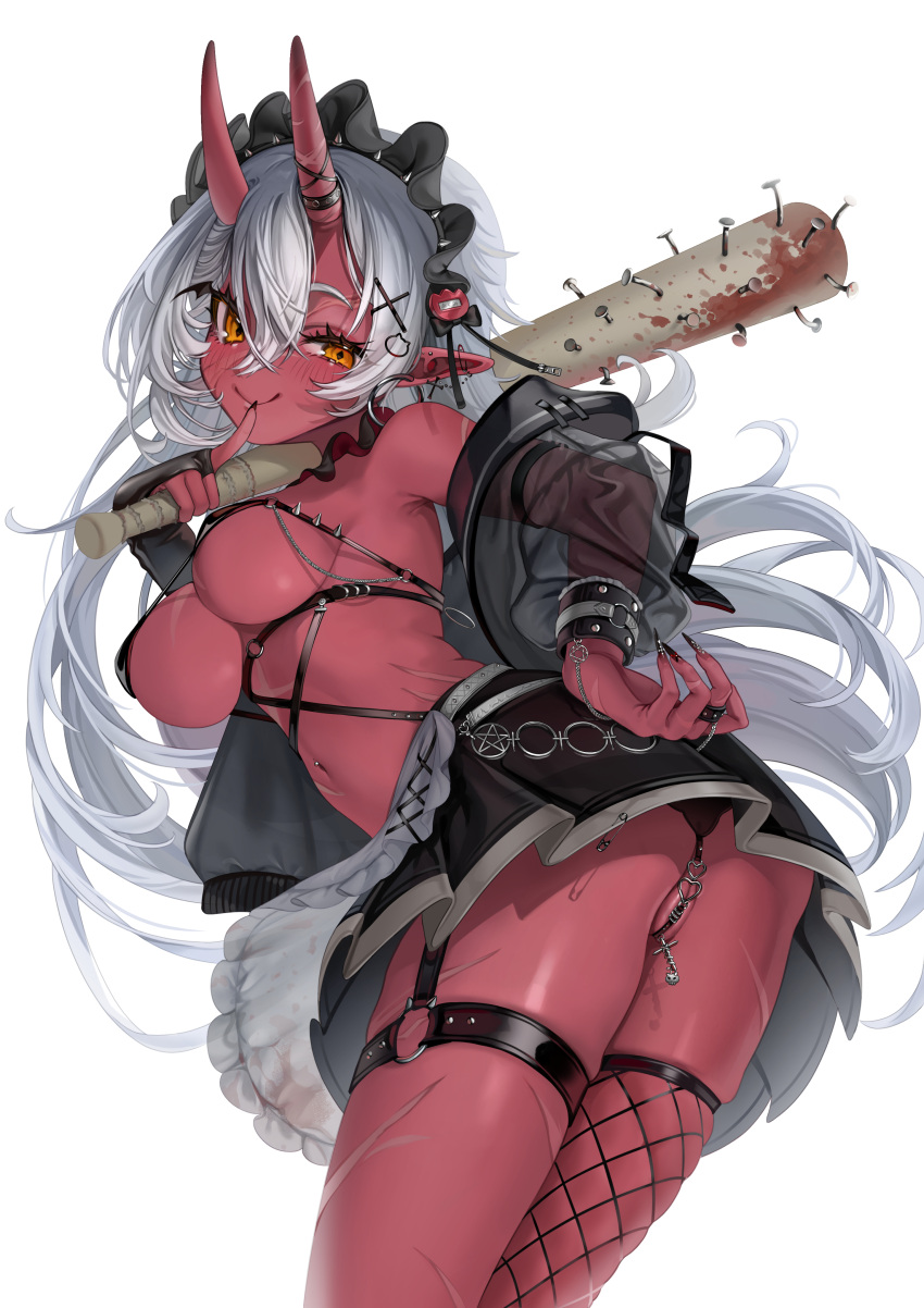 akumi bat_(object) c21h29n2o demon_girl demon_horns garter_belt long_hair maid_headdress nail_art oni oni_horns red_skin scars skirt tagme thighs upskirt virtual_youtuber vyugen white_hair