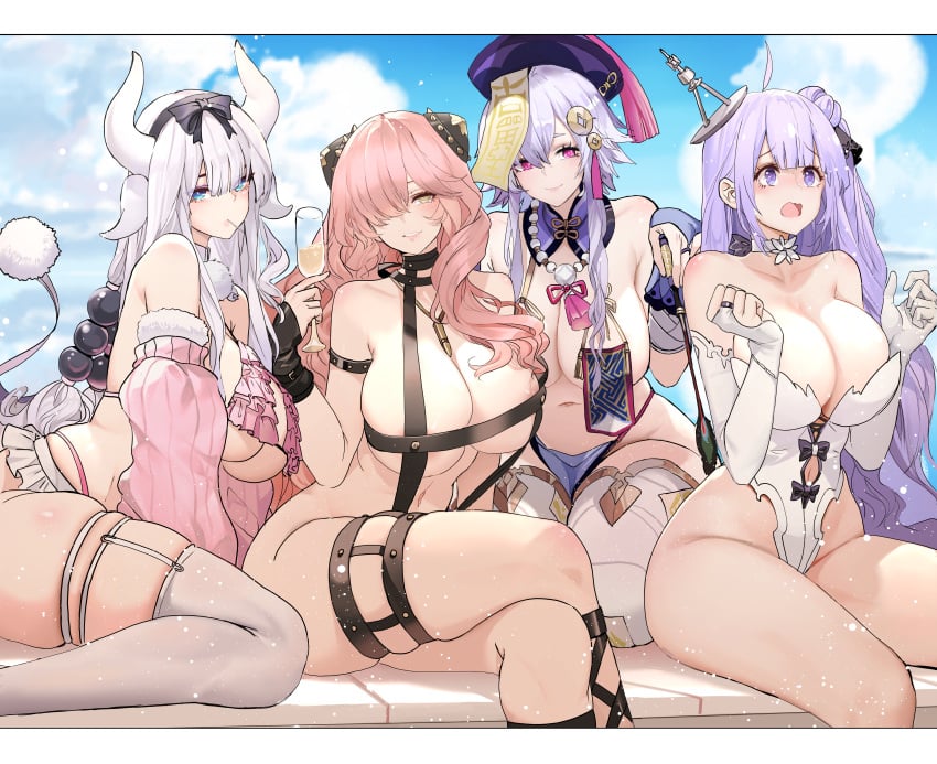 2022 4girls absurd_res aged_up anya_forger asymmetrical_hair azur_lane barely_clothed barely_contained blue_eyes blue_sky blush breasts cleavage crossover dishwasher1910 dragon_girl dragon_horns female female_only genshin_impact hair_ornament hair_over_one_eye hat highleg_leotard hips horns horny huge_breasts kanna_kamui kneeling lavender_hair leotard long_hair looking_at_viewer miss_kobayashi's_dragon_maid multiple_girls naughty_face outdoors pink_eyes pink_hair purple_eyes purple_hair qiqi_(genshin_impact) skindentation slim_waist smile spy_x_family tail thick_thighs thighhighs thighs underboob unicorn_(azur_lane) white_hair wide_hips yellow_eyes