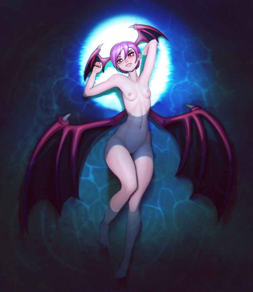 absurdres afloat armpits arms_up bat_wings blush breasts capcom darkstalkers demon_girl demon_wings female flat_chest floating head_wings highres lilith_aensland looking_at_viewer lying moon moonlight navel night nipples nude on_back pink_eyes pink_hair pussy short_hair small_breasts smile solo stretch succubus teeth vampire_(game) water wings yorzis