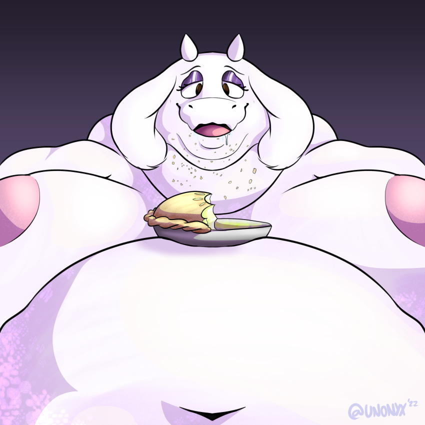 absurd_res anthro big_breasts bodily_fluids bovid breasts caprine drooling eating eating_food female fur goat half-closed_eyes hi_res huge_breasts mammal morbidly_obese narrowed_eyes navel nipples obese open_mouth organs overweight saliva slumped solo stomach toriel undertale undertale_(series) unonyx video_games white_body white_fur