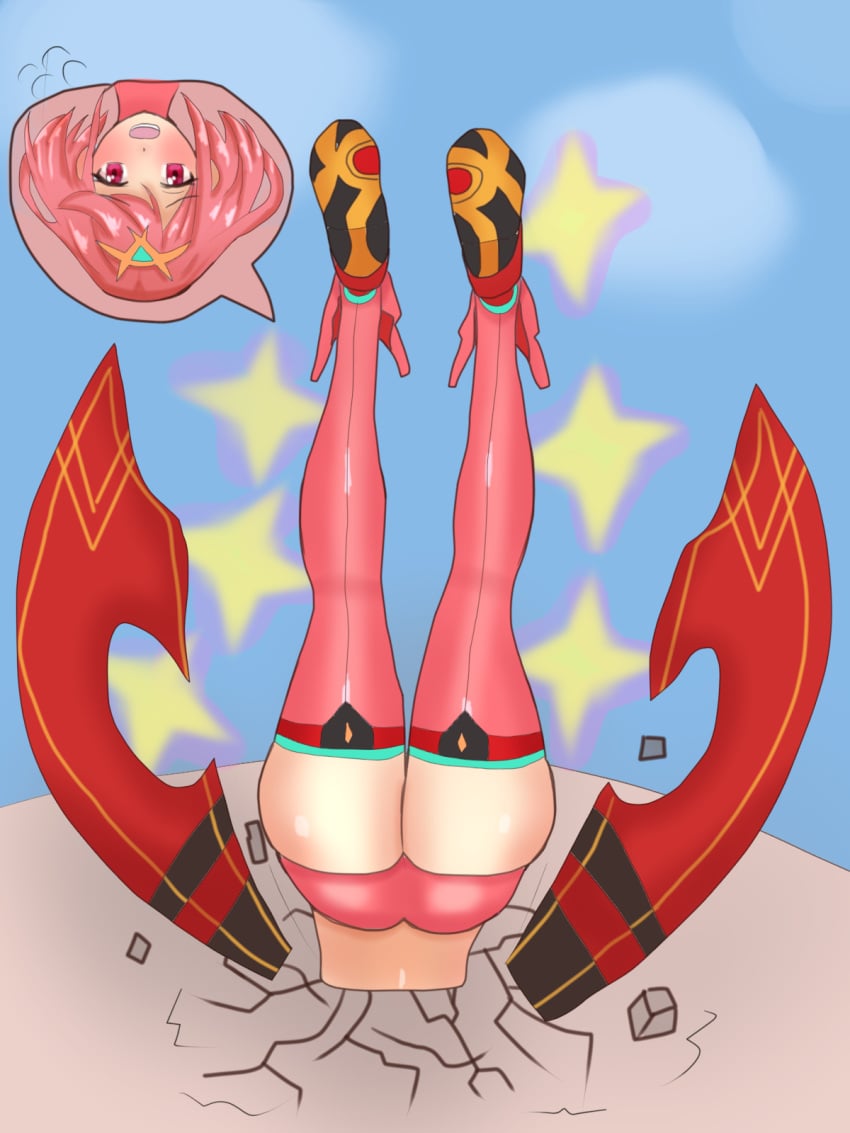 1girls ass blue_background blush buried cracked_floor fat_thighs highres humiliation inugami-ke_no_ichizoku_pose kamu_(pixiv65699114) open_mouth pyra red_eyes red_hair stuck stuck_in_floor thought_bubble upside-down xenoblade_(series) xenoblade_chronicles_2