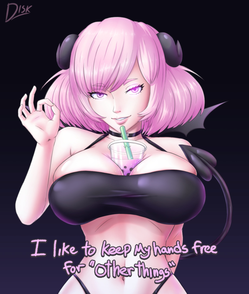 breasts diskette double_entendre hands-free_bubble_tea horns light-skinned_female light_skin looking_at_viewer pink_hair sette_(diskette) short_hair succubus text