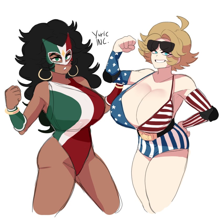 2girls american_flag ass_visible_through_thighs big_breasts black_hair blonde_hair blue_eyes breasts country_inc_(yuric_inc) countryhumans countryhumans_girl dark-skinned_female dark_skin green_eyes hispanic huge_breasts large_breasts latina luchador luchador_mask mask mexican_female mexico mexico_(countryhumans) mexico_(yuric_inc) multiple_girls national_personification thick_thighs united_states_of_america_(countryhumans) usa usa_(yuric_inc) white_background wide_hips yuric_inc